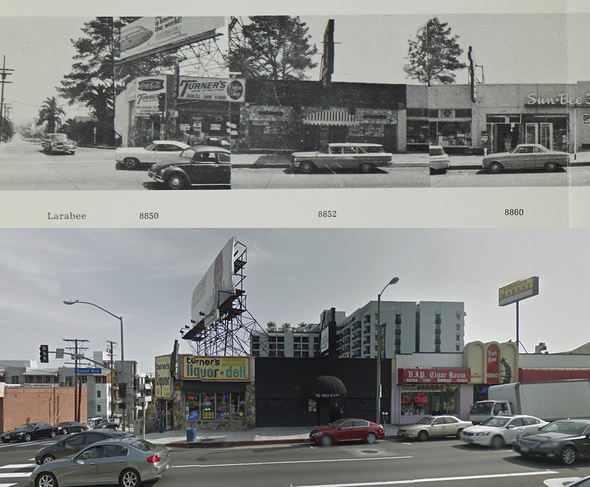 Melody Room and the Viper Room at 8852 Sunset Blvd, 1966 and 2011. Copyright Edward Ruscha (1966) and Google streetview (2011).
