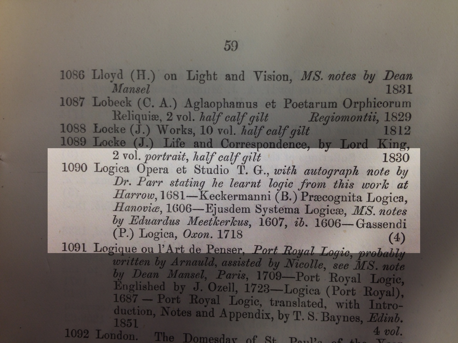 The entry in the 1872 sale catalogue of H.L. Mansel's library of St Andrews' copy of r17 BC40.K4C6