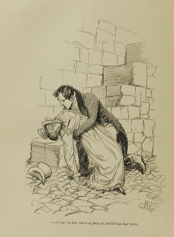 Miss Musgrove down for the count, after tossing herself off of some steps. From the 1897 illustrated edition of Persuasion.