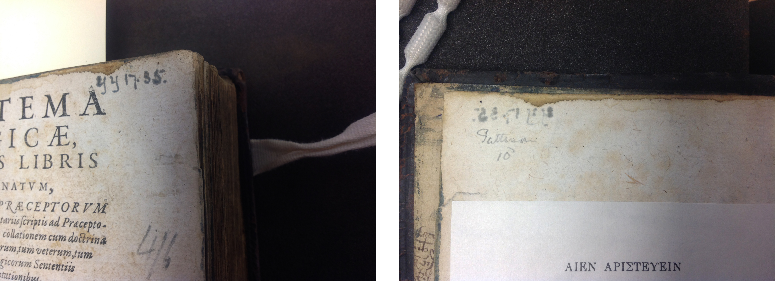 Two marks of provenance leading to the identification that this book was also in the collection of Mark Pattison, dean of St Paul's: a pressmark (left) and a record of price paid at the sale of his library (right)