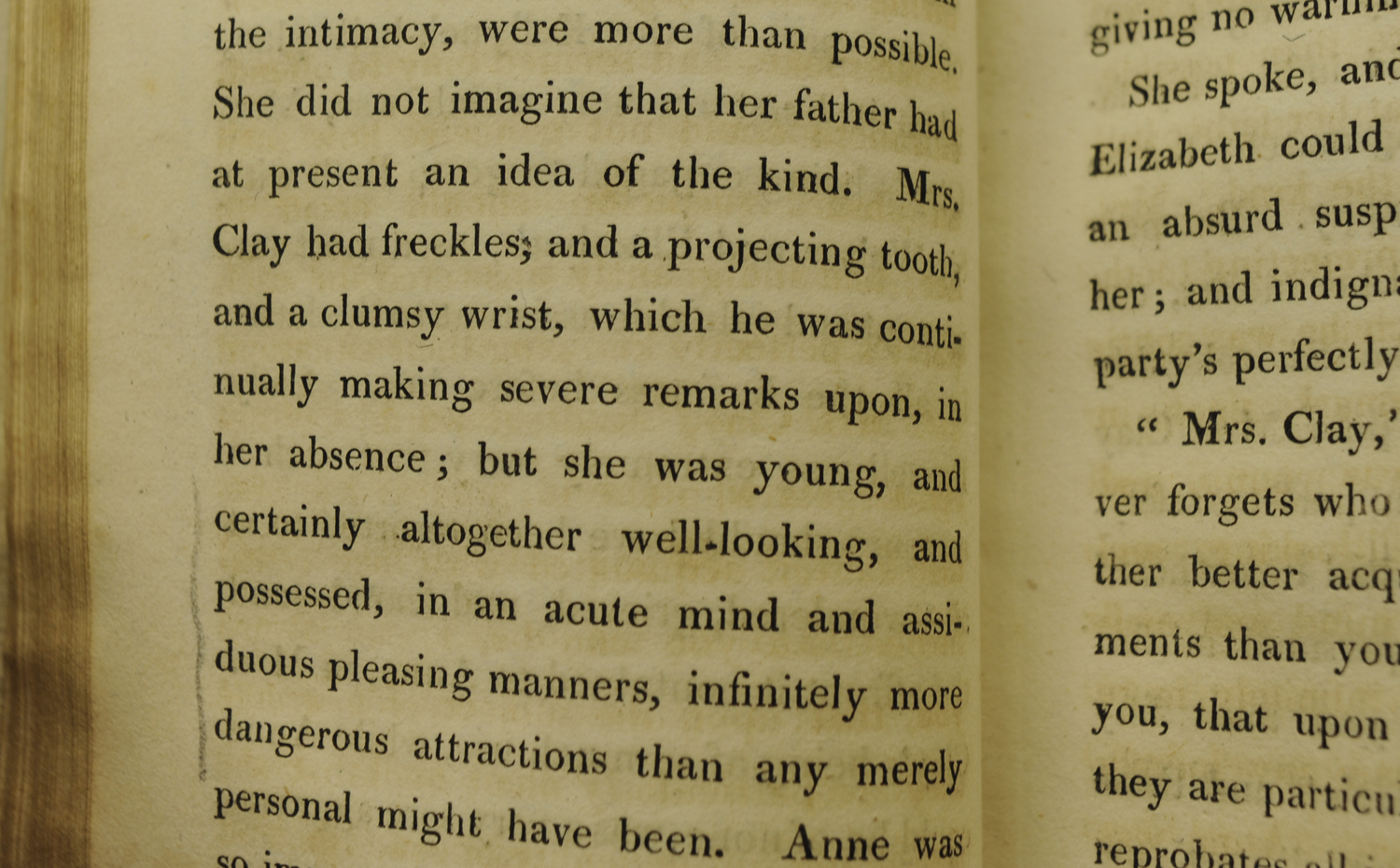 Some biting commentary on the appearance of Sir Walter Elliot’s ‘companion’, Mrs Clay. From St Andrews’ copy of the first edition of Persuasion.