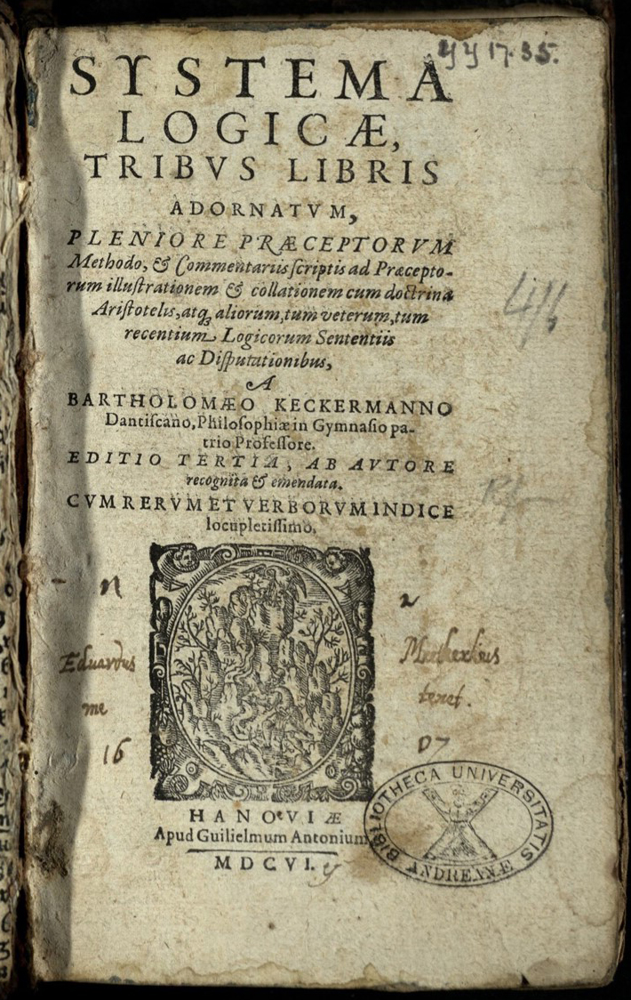 Title page of Keckermann's Systema Logicae (1606), with various marks of provenance