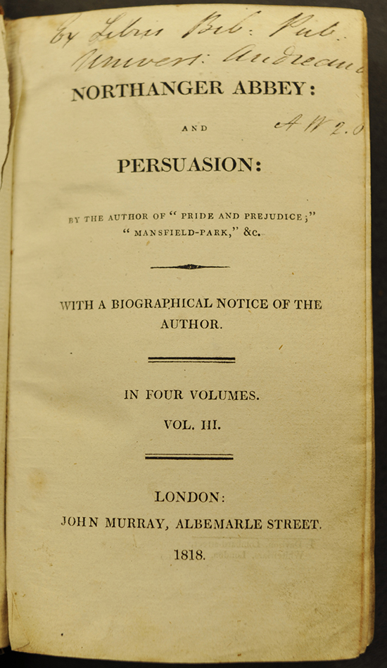 Title page of the first edition of Persuasion, published jointly as volumes 3 & 4 with Northanger Abbey.