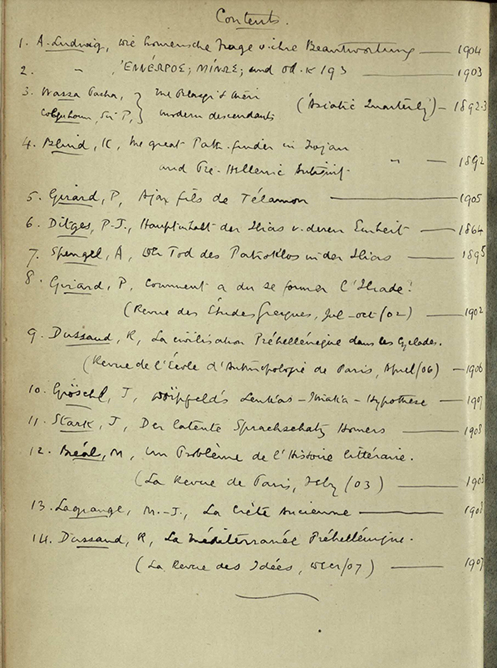 Although each volume contains more than one item, a hand-written contents is provided in each, detailing the author, title, and date of publication. This example is from vol. 101.