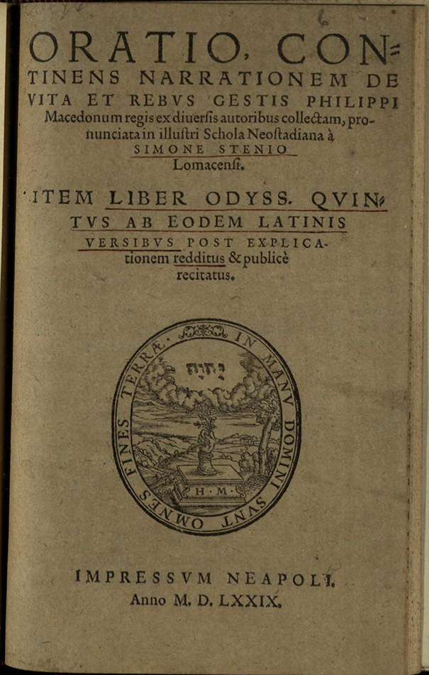 The title page of the oldest work in the Shewan Collection, Simon Stenius’ Oratio, continens narrationem de vita et Rebus Gestis Philippi Macedonum regis ex diuersis autoribus collectam. Some words in the title have been underlined, by hand, in red ink. St Andrews copy She PA4037.A5S4;125.