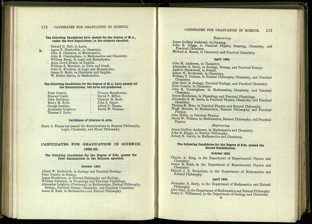 1893/4 List of graduates showing here first woman to pass for the MA under new regulations – Agnes F Blackadder