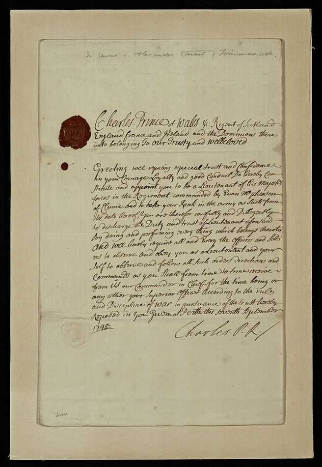 Commission of Prince Charles Edward Stuart to an unknown recipient to be a lieutenant in the regiment commanded by Euan McPherson of Clunie, Invernesshire, 7 September 1745 (msDA814.A5S8 [ms700]).