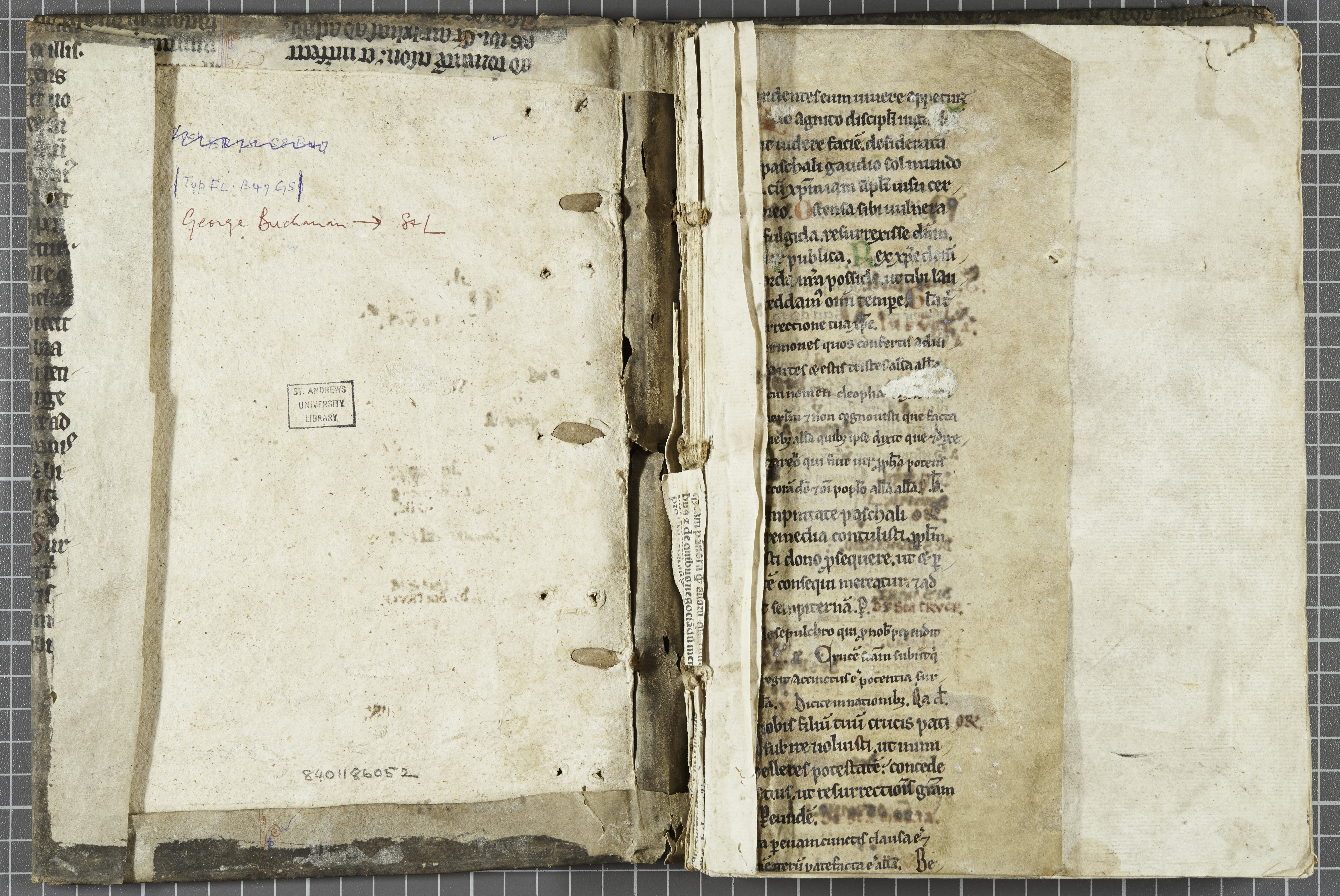 The inside-front cover and waste matter used to bind TypFL.B47GS, including a fragment of a leaf of a 12th century manuscript which has been sewn into the preliminary fly-leaves.