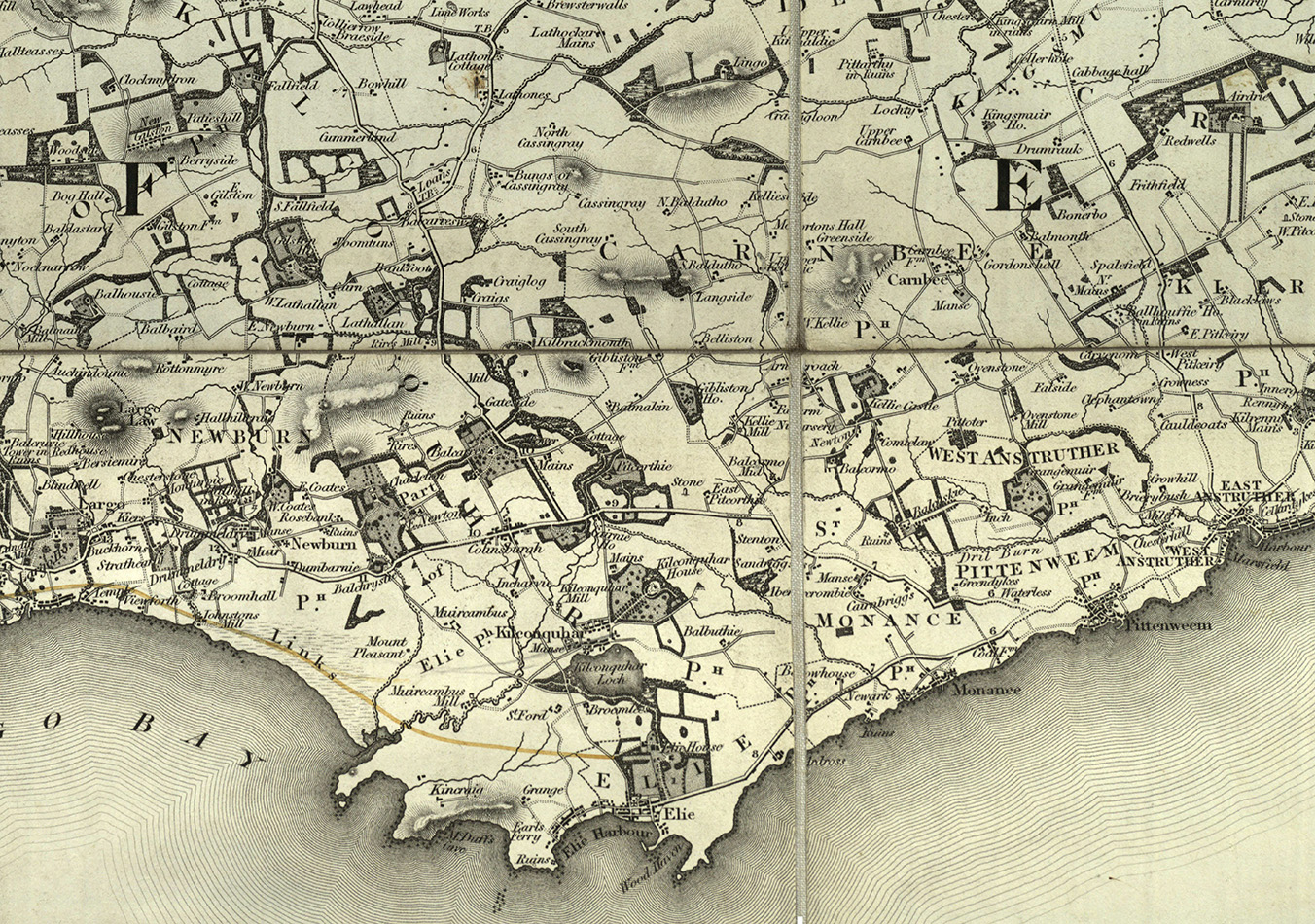 Detail around Kellie Law and estates in the East Neuk, from Counties of Fife and Kinross by Thomas Sharp, Christopher Greenwood and William Fowler of London, showing parishes and houses of Nobility, Gentry and Clergy, 1826, (msdep121/8/2/3/8/3).