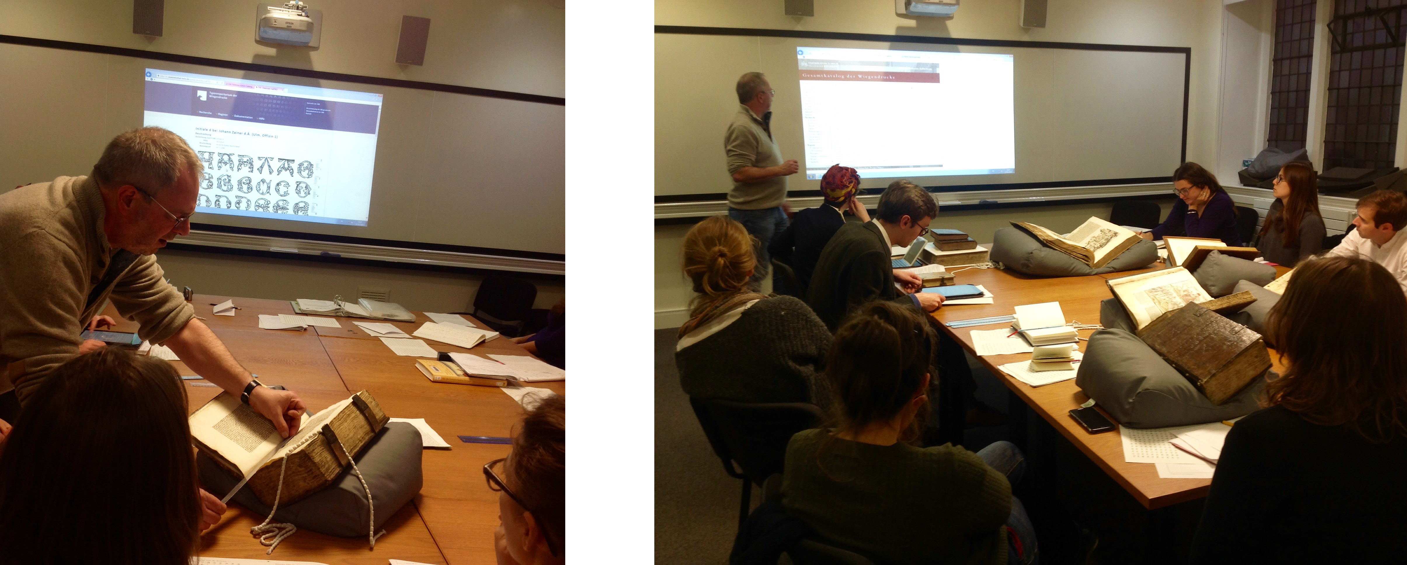 Dr Eisermann helping the workshop attendees in typography measuring (left) and understanding GW catalogue records.