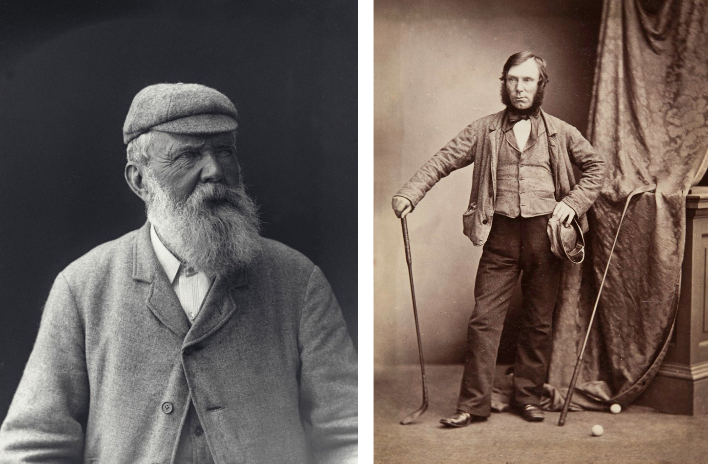 Left: Gelatin dry plate negative (glass plate) of Old Tom Morris, by George M. Cowie, 1900 (GMC-F-182). Right: Print of Allan Robertson, by Thomas Rodger, 1850 (ALB-10-49).