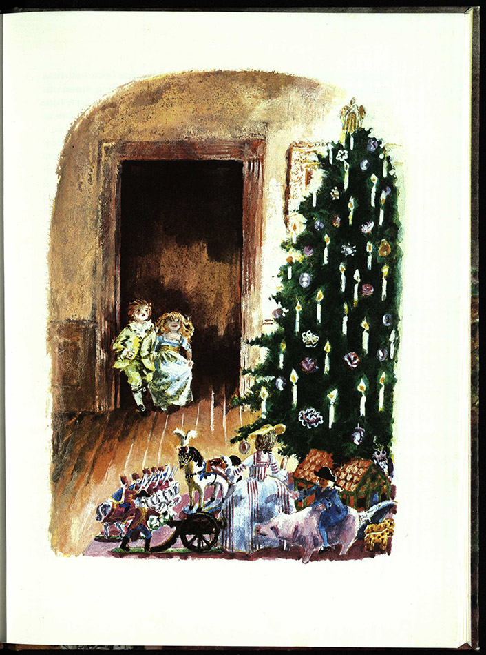 The children see the tree and their presents for the first time. Dumas explains how it is the custom in Germany to give presents on Christmas Eve, and that it is done in a special way, with a tree being placed on a table, with lighter toys hanging from its branches and the heavier presents positioned around it; although, in this illustration the tree is on the floor with the presents around it. St Andrews copy r PQ2227.H6M8.