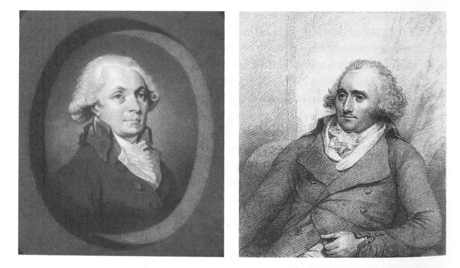 The printer William Strahan (left) and bookseller Thomas Cadell (right), whose publishing partnership dominated the London scene from the late 1760s to 1785. British Library Add. MS 38730, fol. 180v, and Providence Public Library, both reproduced in Sher, The Enlightenment & the book, p. 328.
