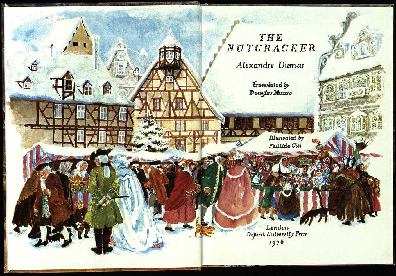 The title page of The Nutcracker, depicting a traditional Christmas market scene. Perhaps those are nutcrackers for sale on the stall with the children gathered round….