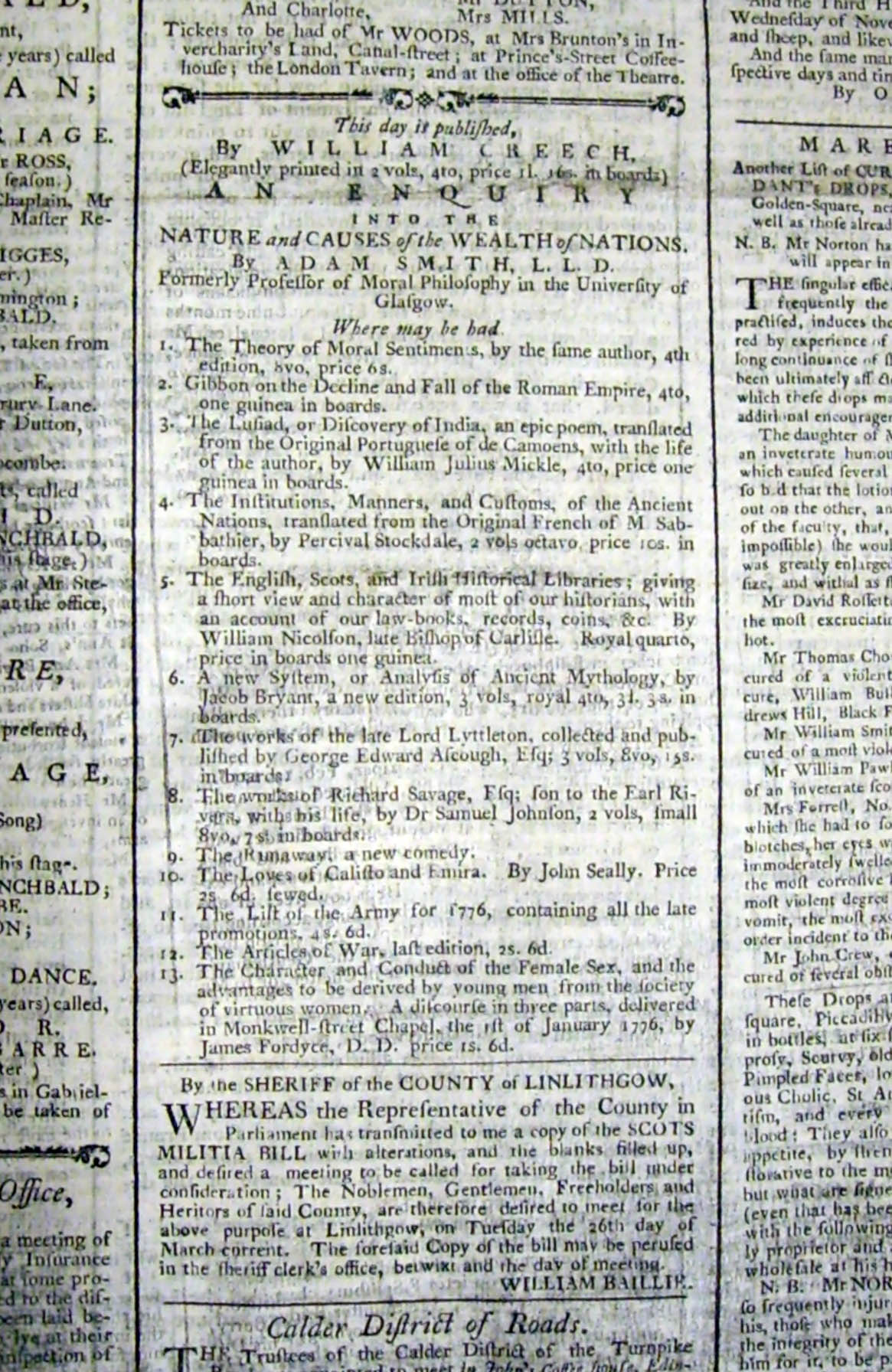 Creech’s advertisement in the Edinburgh Evening Courant, 20 March 1776, for the first edition of Smith’s Wealth of Nations. Image courtesy of the National Library of Scotland, with special thanks to Graham Hogg, Curator, Rare Books, Maps & Music Collections.