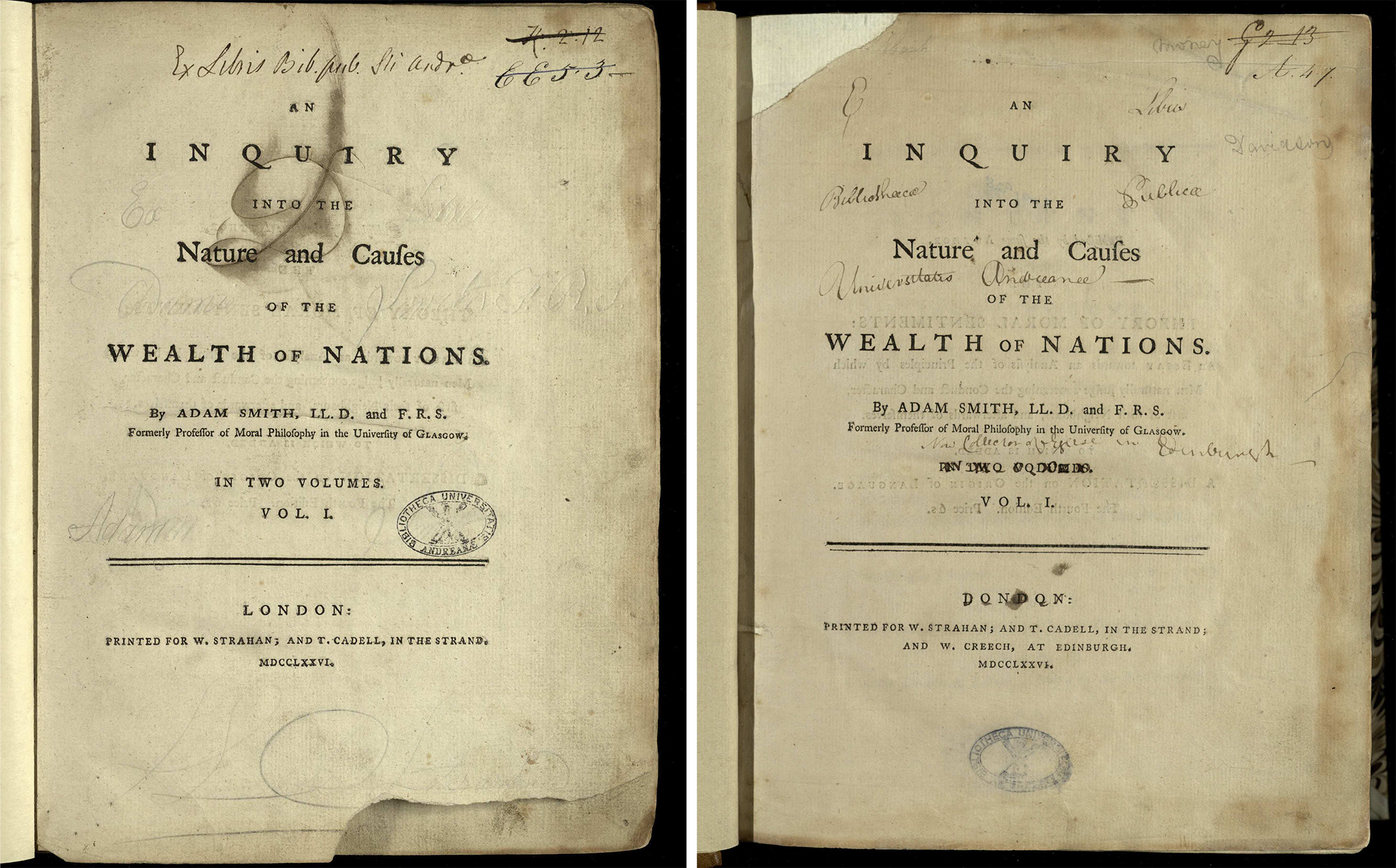 The title page of the first edition of Adam Smith’s Wealth of Nations, that on the right having in the imprint “and W. Creech at Edinburgh”. St Andrews copies rf HB251.S6 (SR) (set 2) and rf HB251.S6 (SR).