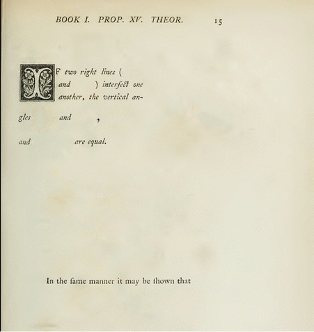 Book I, Proposition 15, Theorem of Oliver Byrne’s 1847 edition of Euclid’s Elements.