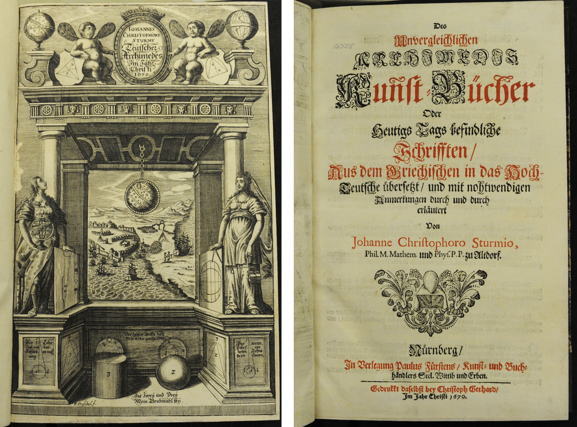 The two title pages of the 1670 Des unvergleichlichen Archimedis Kuñst-Bücher from the Mackay Collection