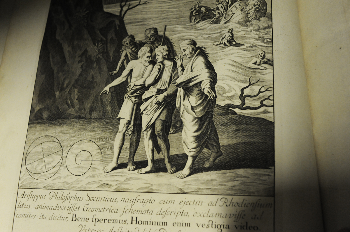 Detail from the engraved frontispiece of David Gregory's 1703 Greek and Latin Elements