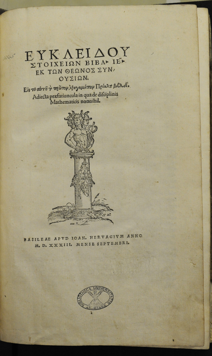 Title page of the 1533 Greek editio princeps of Euclid's Elements