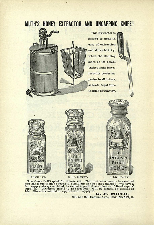 Advertisement for Honey Extractors, Uncapping Knives and Honey Storage Jars by C.F. Muth (BevSF523.C6)