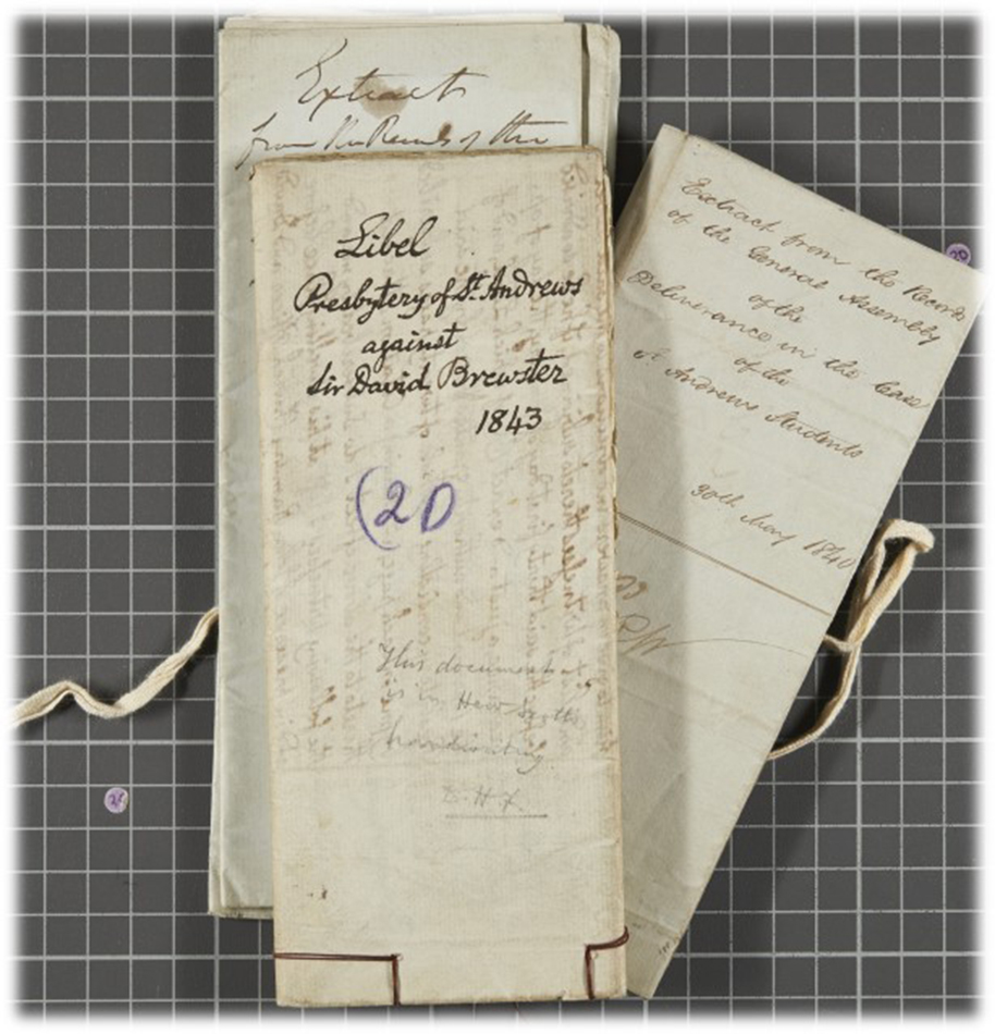 “Documents from 1840-1846 relating to protests and legal challenges against the Principal of United College (and early promotor of photography and the inventor of the kaleidoscope) Sir David Brewster”