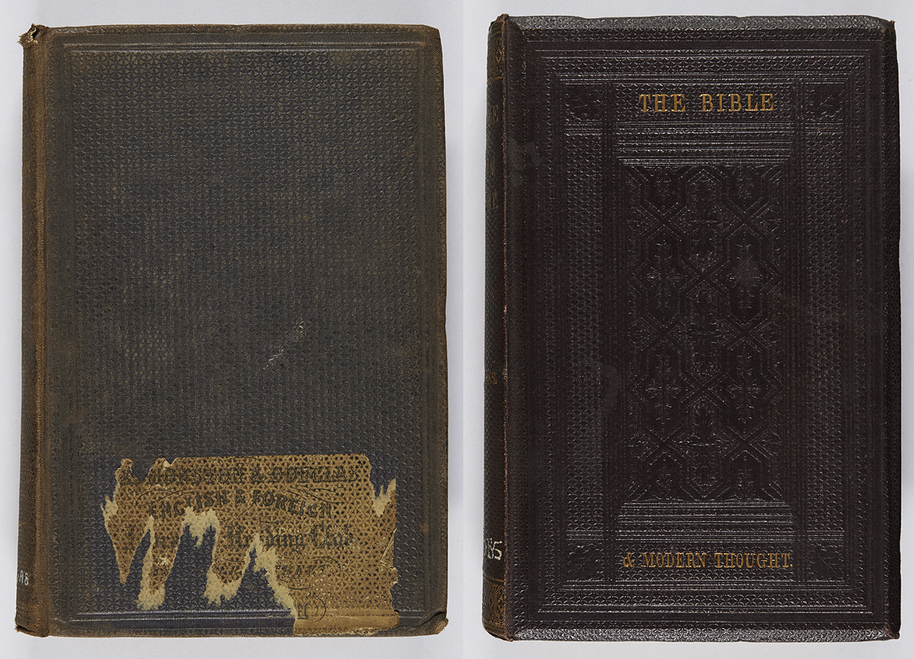 Examples of honeycomb grain; that on the left has the remains of an Edmonston & Douglas reading club sticker on the front, whilst that on the right is also blocked in blind. Both works were bound by Westleys & Co., publishers often outsourcing the binding of works to binders. Henry Alford, Sermons on Christian doctrine (London: Rivingtons, 1862), For BV4253.A8 ; T. R. Birks, The Bible and modern thought (London: The Religious Tract Society, 1862), For BS480.B5.