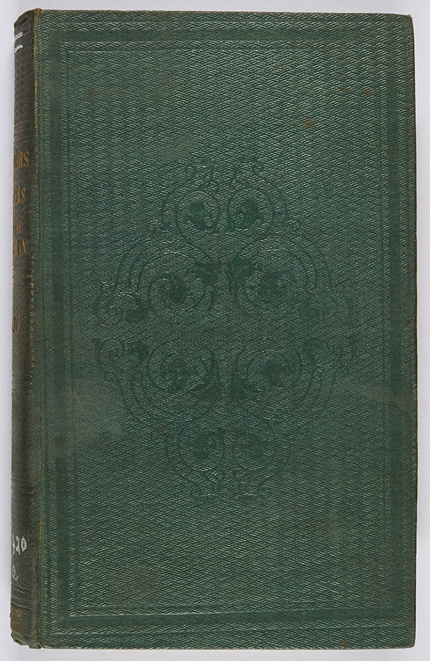 Caption: A binding in green weave grain cloth. Memoirs of Madame Malibran, 2 vols. (London: Henry Colburn, 1840), s ML420.M2.