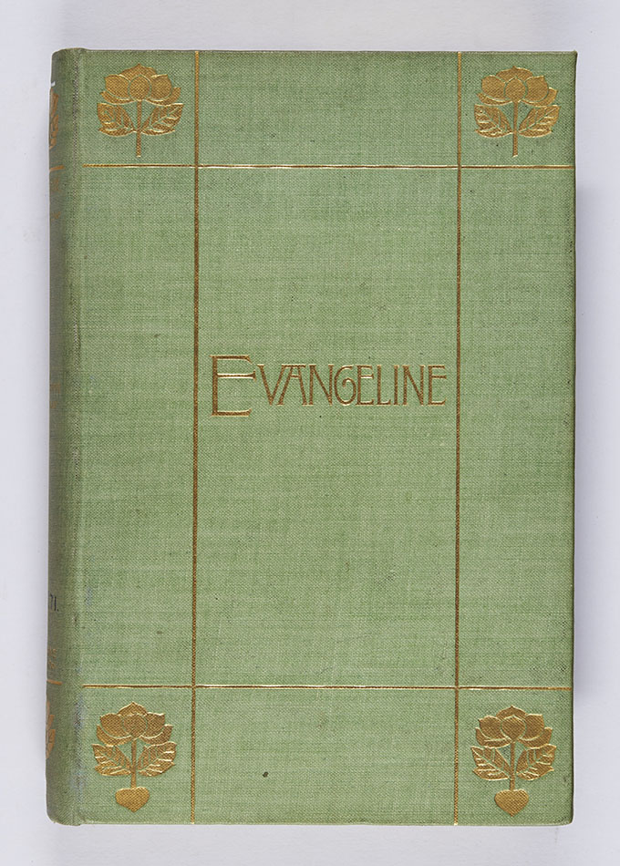 An example of a binding from 1892, showing the enduring popularity of gold blocking. Henry Wadsworth Longfellow, Evangeline: a tale of Acadie (London: Longmans, Green, and Co., 1892), r PS2271.E8.