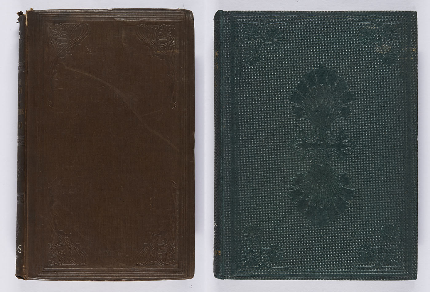 These two bindings combine a frame with cornerpieces, the second also having a blind centrepiece. George Wilkinson, Practical geology and ancient architecture of Ireland (London: John Murray, 1845), r QE265.W5 ; James Russell Lowell, The Biglow papers (London: Trübner & Co., 1859), r PS2330.L7B5.