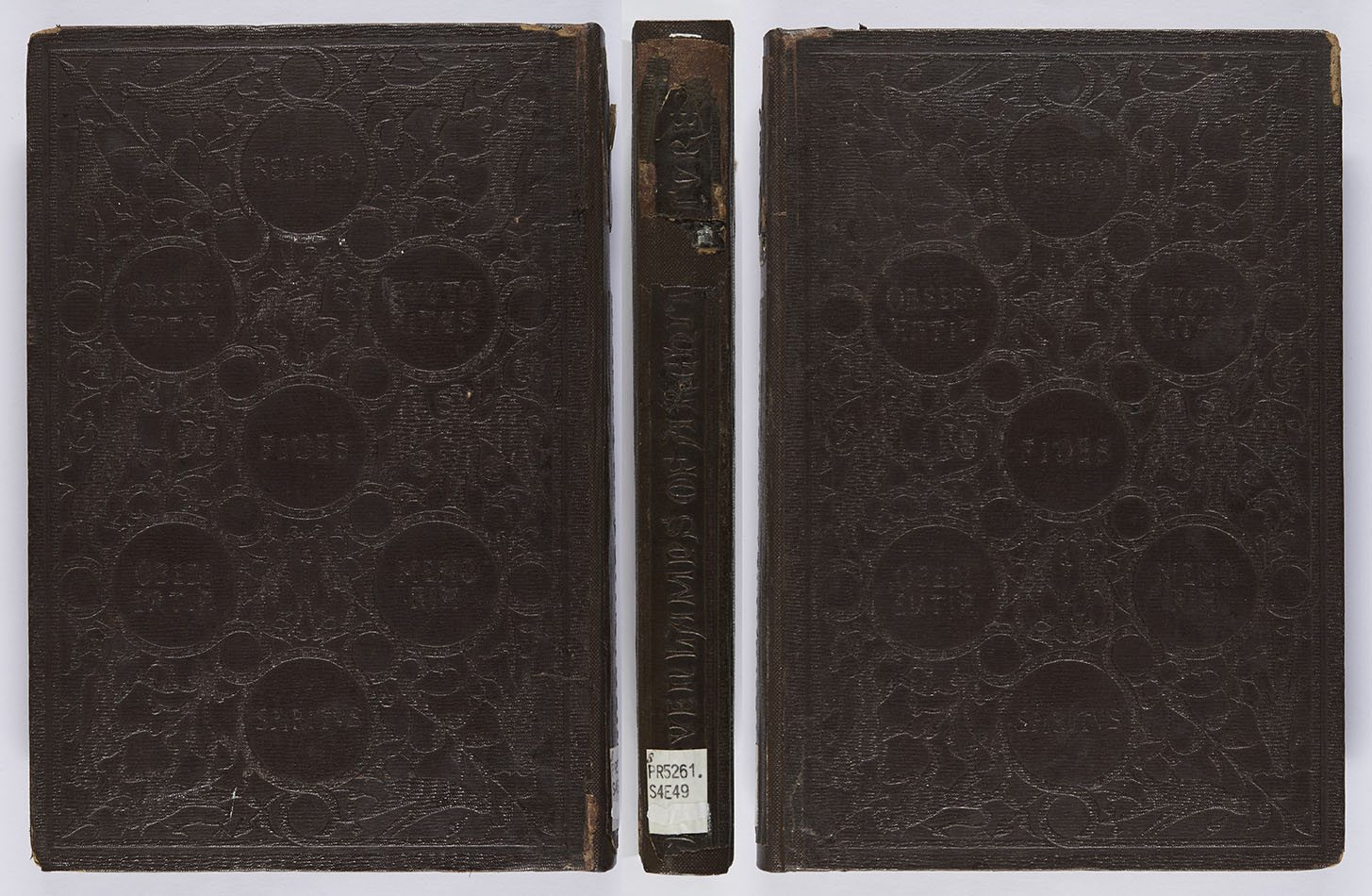An example of a work whose whole binding is blocked in blind; our copy has had its spine rebacked. John Ruskin, The seven lamps of architecture (London : Smith, Elder, 1849), s PR5261.S4E49.