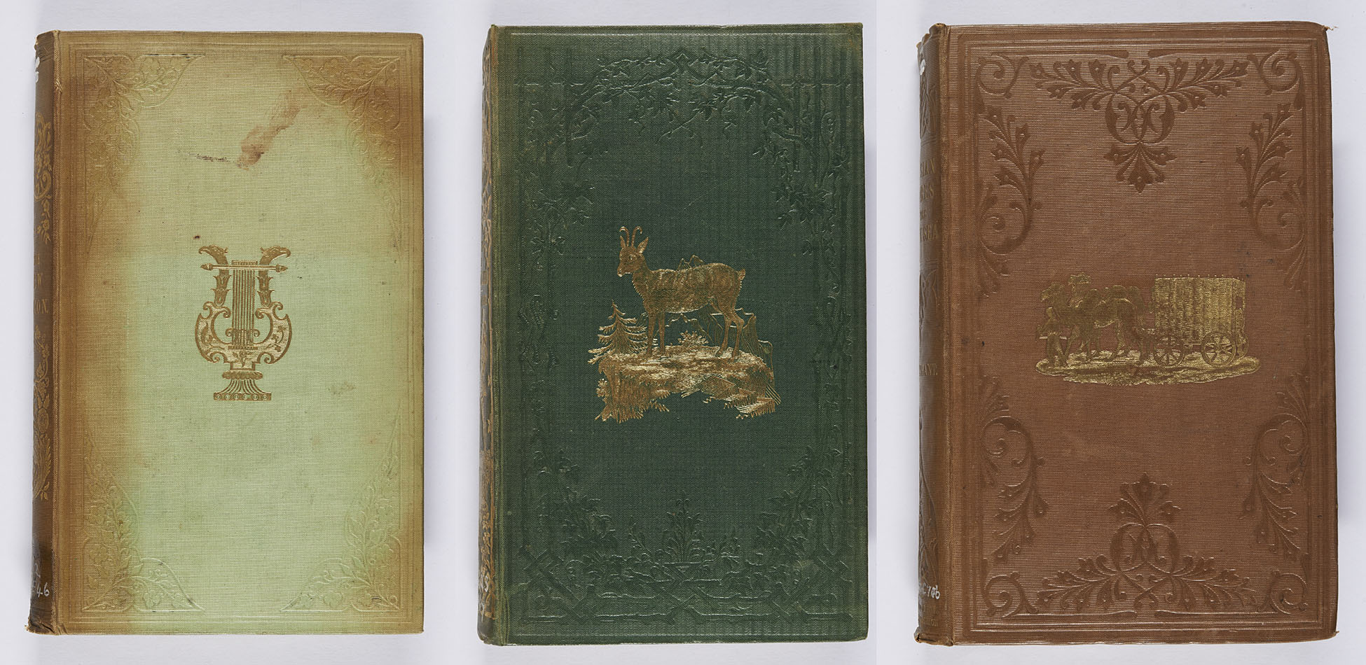 Further examples of bindings using a combination of blind and gilt blocking. The new Timon (London, Henry Colburn, 1846 ; bound by Westleys & Co.), s PR4922.N4E46 ; Baptist W. Noel, Notes of a tour in Switzerland (London: James Nisbet and Co., 1848 ; bound by Westleys & Clark), s DQ23.N7 ; Laurence Oliphant, The Russian shores of the Black Sea (Edinburgh and London: William Blackwood and Sons, 1853 ; bound by Edmonds & Remnants), s DK511.C7O6. 