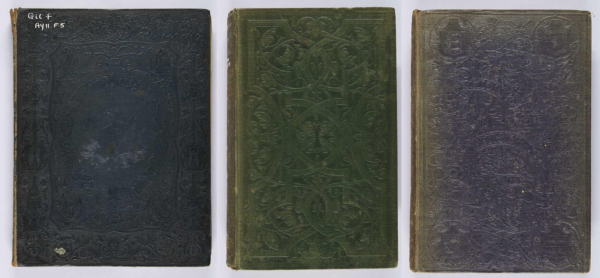 Blocked bindings made for books of a particular size, incorporating floral motifs. The third incorporates the publisher’s name, which was common when a work was part of a series. Fisher’s Drawing room scrap-book. 1835 (London: H. Fisher, R. Fisher, & P. Jackson, 1835), Gil f AY11.F5;1935 ; Maria Norris, Life and times of Madame de Stal (London: David Bogue, 1853 ; bound by Bone & Son), s PQ2431.Z5N6 ; James Boswell, The journal of a tour to the Hebrides with Samuel Johnson, LL.D (London, Office of the National Illustrated Library, [1852]), Fle DA880.H4E52. 
