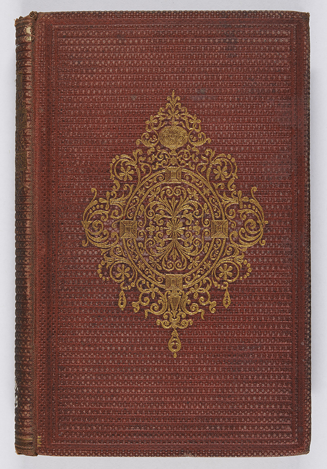 Another example of bead grain, but this binding has been blocked in blind to give the impression of a horizontal rib. James Russell Lowell, The Biglow papers (London: John Camden Hotten, 1861), r PS2316.L7B5. 