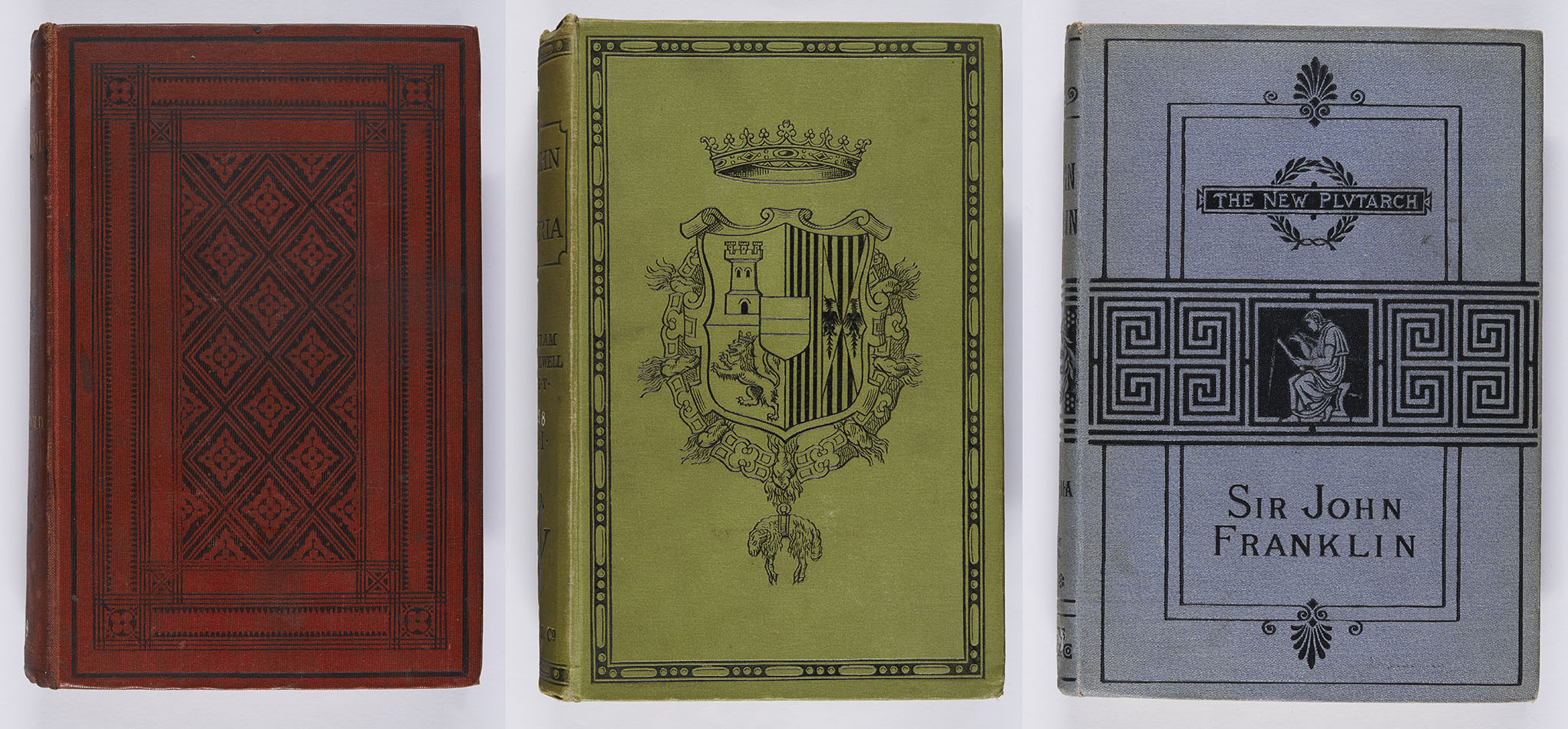A selection of bindings using black blocking. Andrew Wynter, Curiosities of civilization (London: Robert Hardwicke, 1860), s D10.W9 ; William Stirling Maxwell, Don John of Austria, 2 vol. (London: Longman, Green, and Co., 1883), s DH193.S8 ; A. H. Beesly, Sir John Franklin (London: Marcus Ward & Co., 1881), r G650.1B4. 