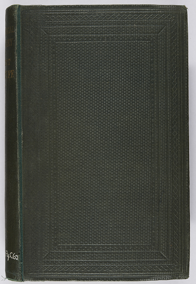 Dark green criss-cross cloth blocked in blind on both boards with border design. M.F. Conolly, Biographical dictionary of eminent men of Fife (Cupar-Fife, John. C. Orr; Edinburgh: Inglis & Jack, 1866), McG DA880.F4C62.