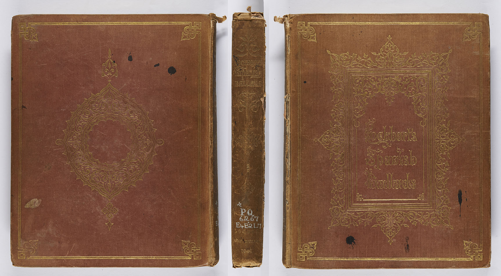 This is an early example of an all-over design blocked in gold, probably designed by Owen Jones. The date 1841 is blocked on the spine, but this practice was soon discontinued. Ancient Spanish ballads; historical and romantic, translated by J. G. Lockhart (London: John Murray, 1841), r PQ6267.E4B2L7. 