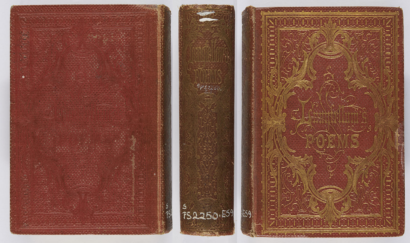 The front cover and spine of this binding are extensively blocked in gilt, but the back cover is only blocked in blind. Henry Wadsworth Longfellow, Poems (Edinburgh: William P. Nimmo, 1859), McI PS2250.E59.