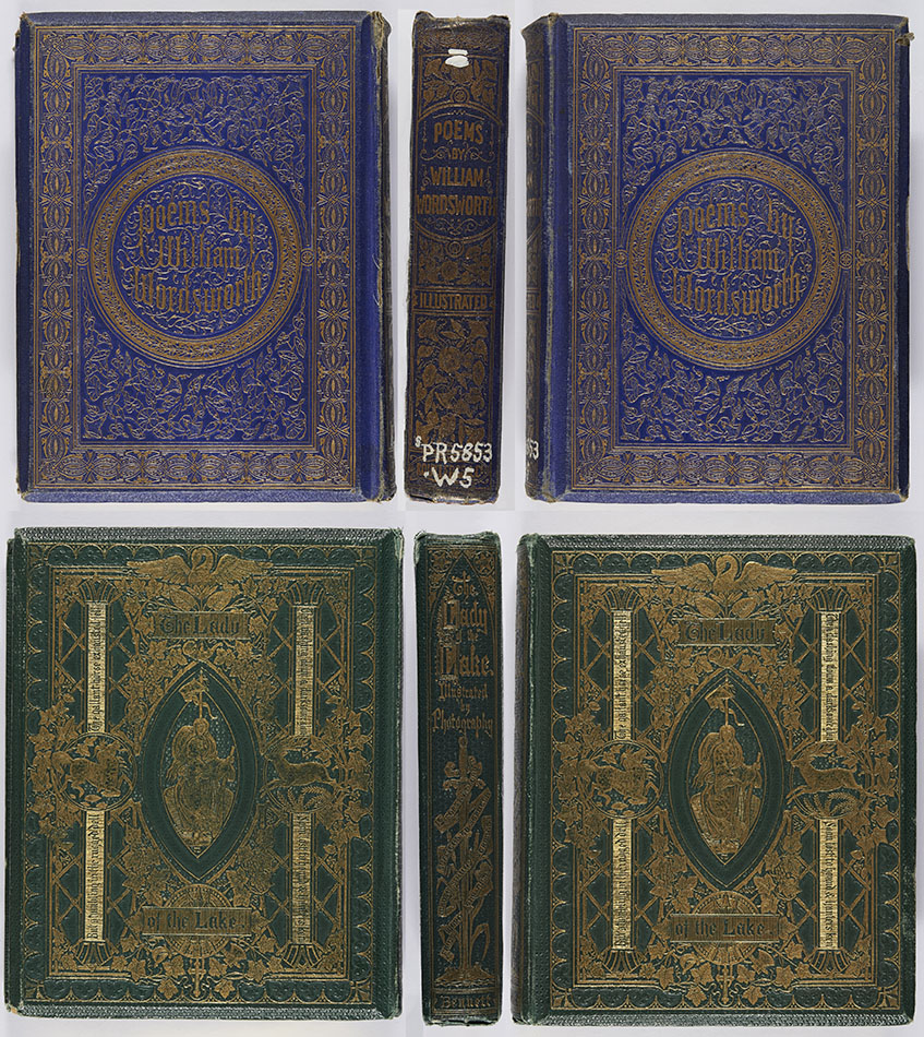 On other works the gilt blocking could extend over the whole binding, as in these two examples. The first binding was designed by Albert Warren (his monogram appearing on the spine), the second by John Leighton, whose initials are visible at the foot of the centrepiece. William Wordsworth, Poems of William Wordsworth (London: George Routledge & Co., 1859), s PR5853.W5 ; Walter Scott, The lady of the lake (London: A.W. Bennett, 1863), Photo PR5308.E63. 