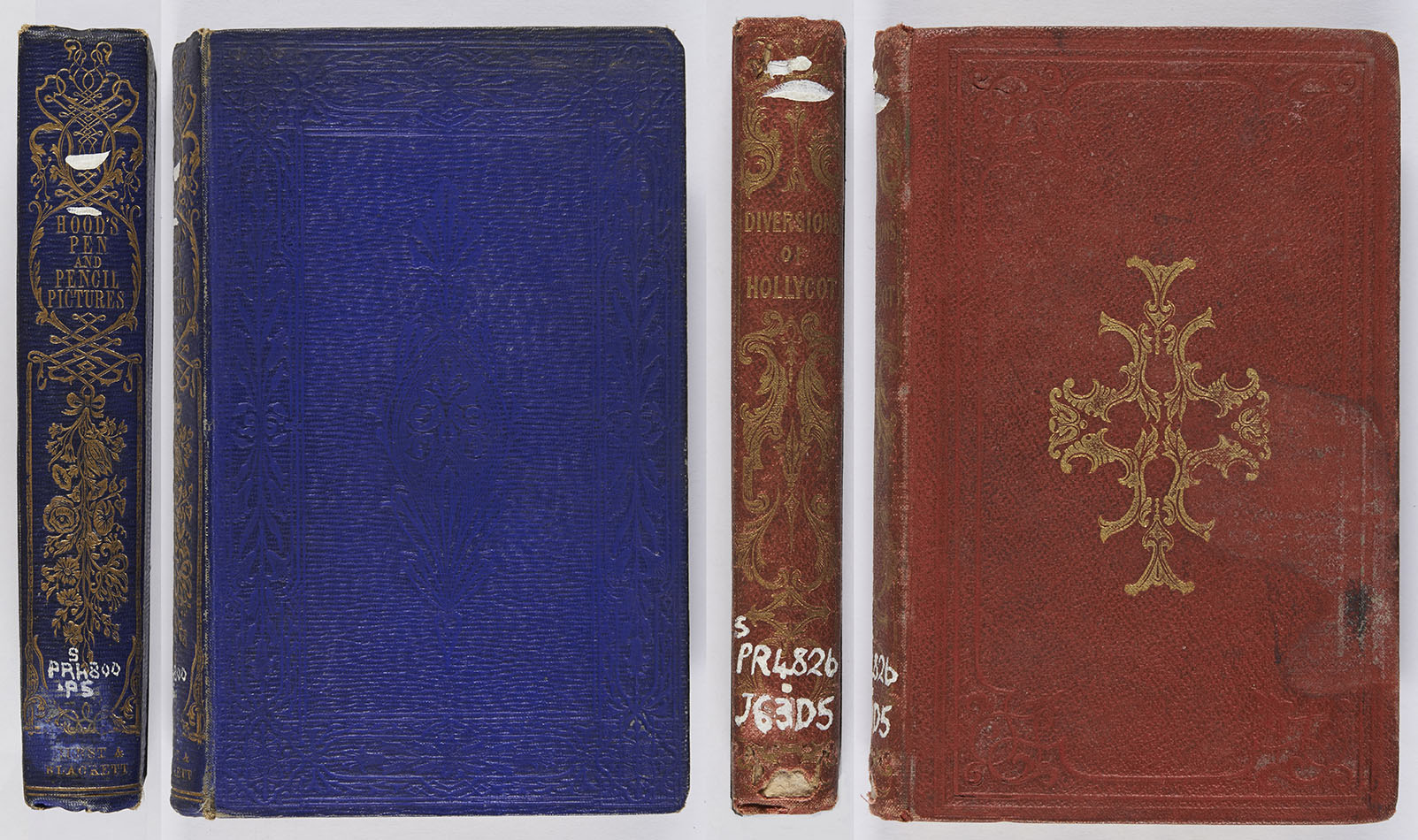 The first binding has a spine entirely blocked in gold, whilst the covers are blue ribbed morocco grain blocked in blind; the second gilt spine picks up the gilt central motif from the front cover. Thomas Hood, Pen and pencil pictures (London: Hurst & Blackett, 1857; bound by Leighton, Son & Hodge), s PR4800.P5 ; C. I. Johnstone, Diversion of Hollycot, or the mother’s art of thinking (Edinburgh: Oliver & Boyd, 1845), s PR4826.J63D5. 