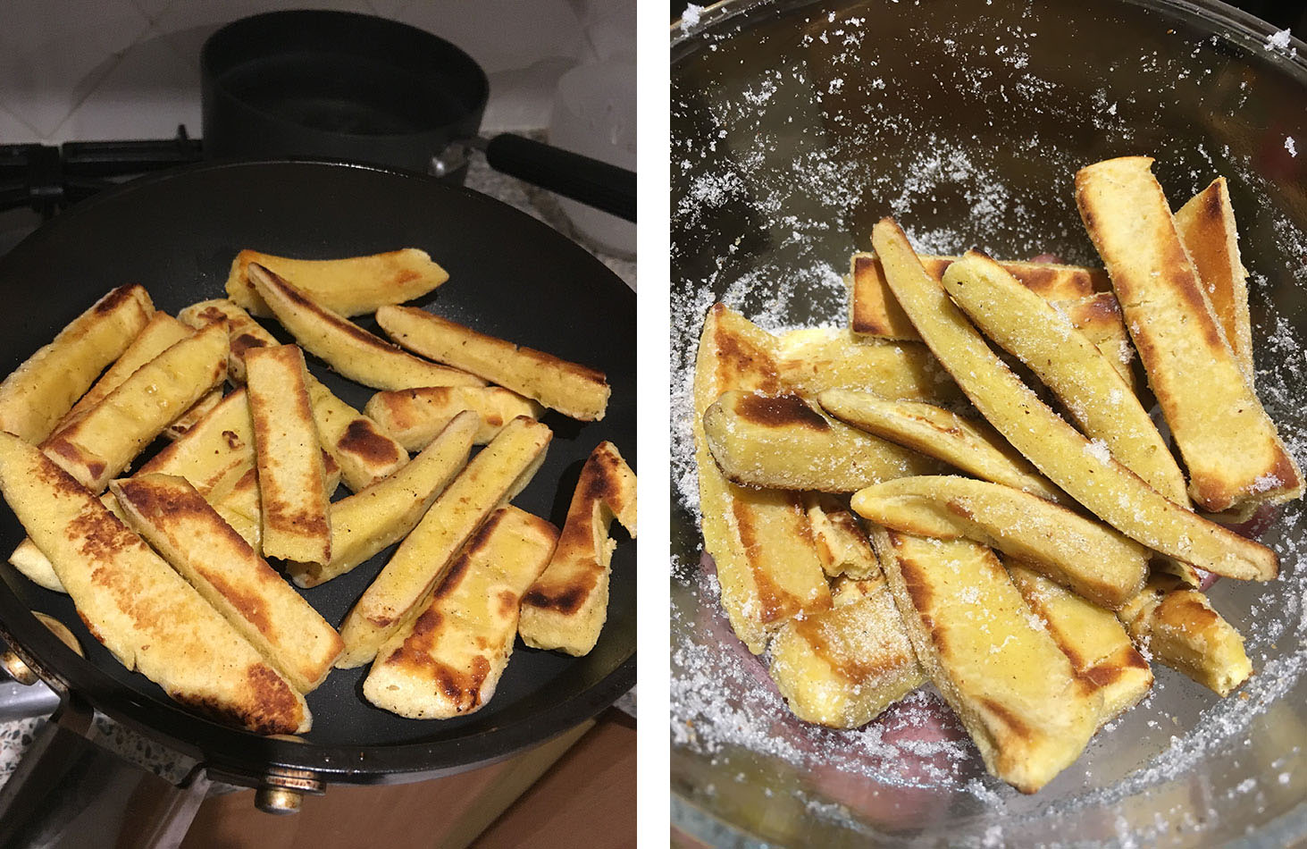 Left: Frying the dish cake Right: They’re edible now!