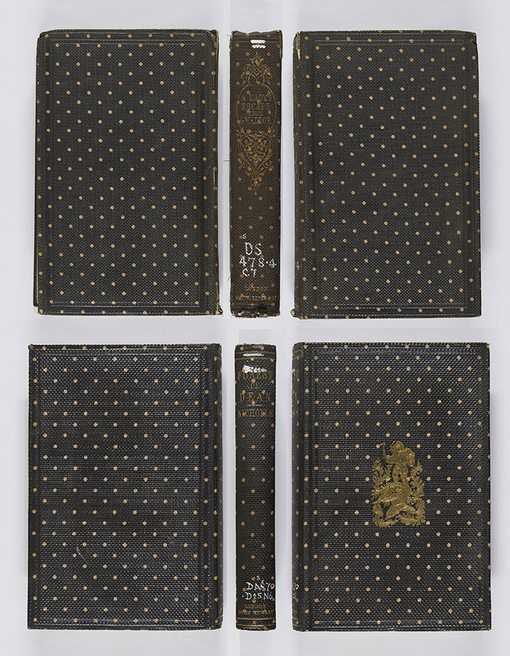 I just love these spotty bindings, which could also have gilt decoration. R. M. Coopland, A lady’s escape from Gwalior (London: Smith, Elder, and Co., 1859 ; bound by Westleys & Co.), s DS478.4C7 ; H. G. Nicholls, The forest of Dean (London: John Murray, 1858 ; bound by Edmonds & Remnants), s DA670.D25N6.