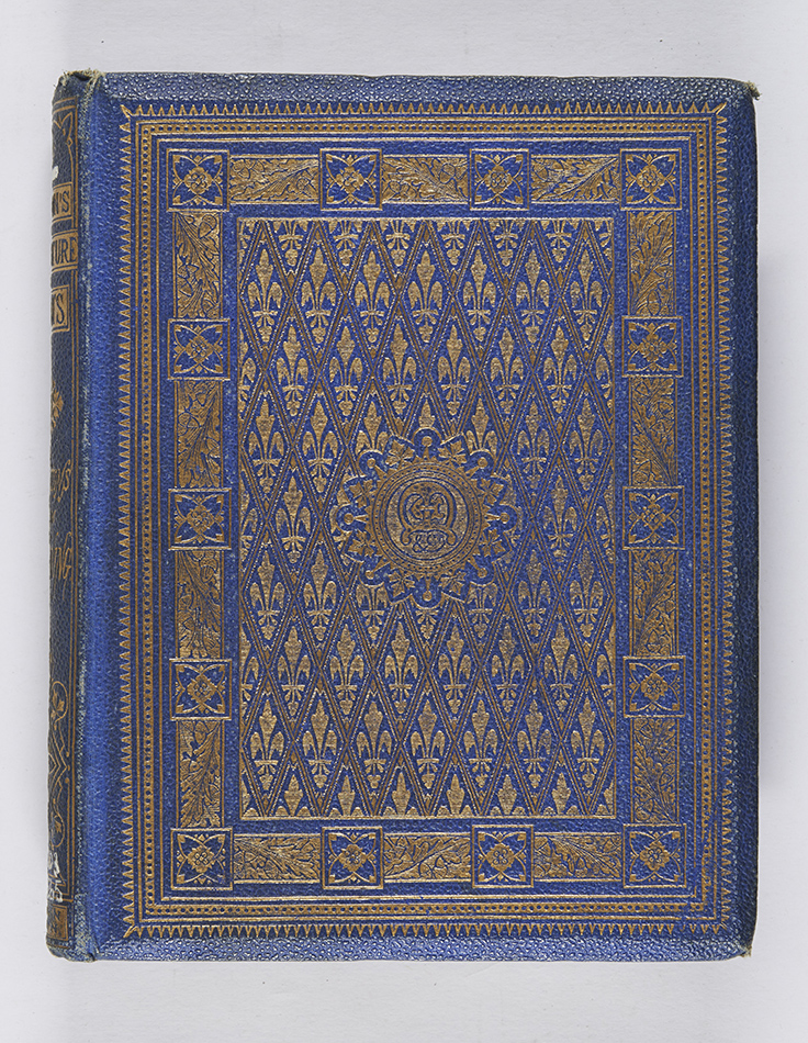 A binding elaborately blocked in gold, a feature of the high Victorian period. Robert Browning, A selection from the works of Robert Browning (London: Edward Moxon & Co., 1865), r PR4203.M5E65. 
