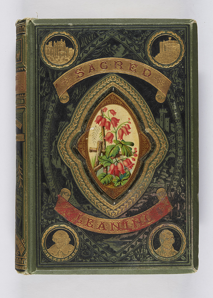 I think this is a lovely use of a chromolithograph inlay. Additionally, the title is reverse blocked in gold on red cloth onlays. Gleanings from the sacred poets (Edinburgh and London: Gall & Inglis, [1881]), r PN6110.R4G6. 