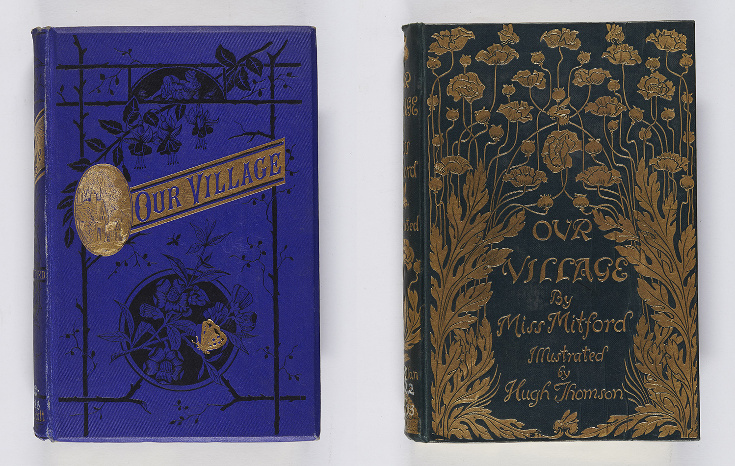  Two contrasting designs for Miss Mitford’s Our Village; published only five years apart they clearly illustrate changes in design between the 1880s (left) and 1890s (right). Mary Russell Mitford, Our village: country pictures (London: Walter Scott, 1888), r PR5022.V5E88 ; Mary Russell Mitford, Our village (London: Macmillan and Co., 1893), r PR5022.V5E93.