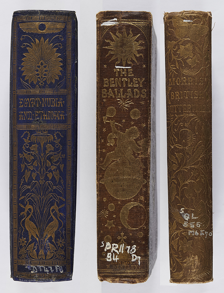 I love these illustrated spines. Joseph Bonomi, Egypt, Nubia, and Ethiopia (London: Smith, Elder and Co., 1862), Photo DT47.F8 ; The Bentley Ballads (London: Richard Bentley, 1858 ; bound by Edmonds & Remnants), s PR1178.B4D7 ; F. O. Morris, A history of British Butterflies (London: Bell & Daldy, 1870), rQL555.M6E70 (SR) Copy 2. 