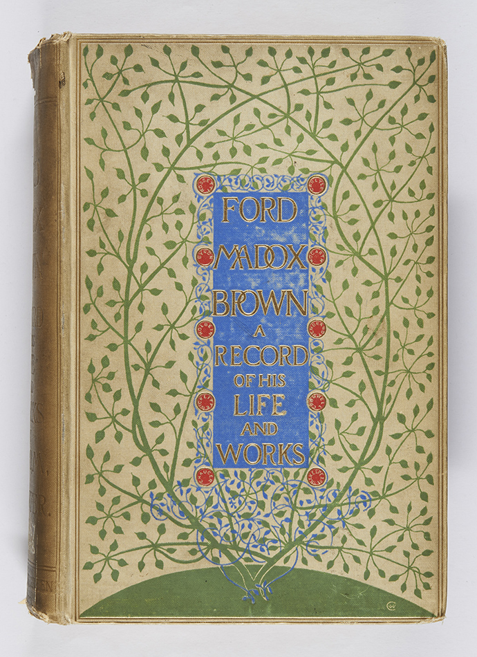 This binding design is signed 'WHC' in monogram in the lower right corner, and is one of three designed by William Harrison Cowlishaw. Ford Madox Ford, Ford Madox Brown: a record of his life and work (London, New York, and Bombay: Longmans, Green, and Co., 1896), r ND467.B8H8. 