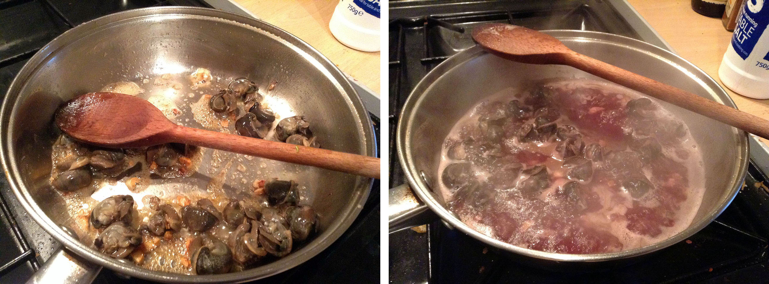 Left: Frying in butter and garlic. Right: Wine and seasoning added.