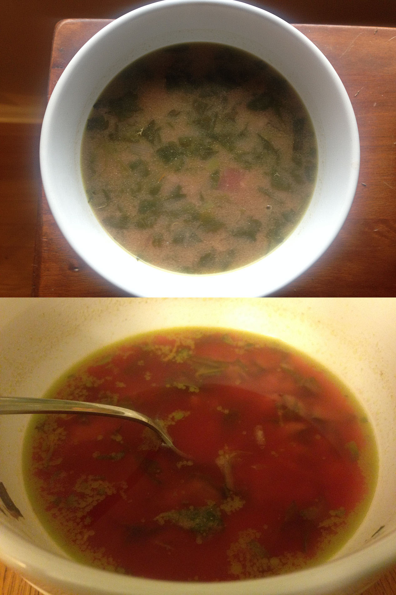 Top:The soup took on an unappealing colour Bottom: The soup began to separate after a few minutes and became even more off-putting