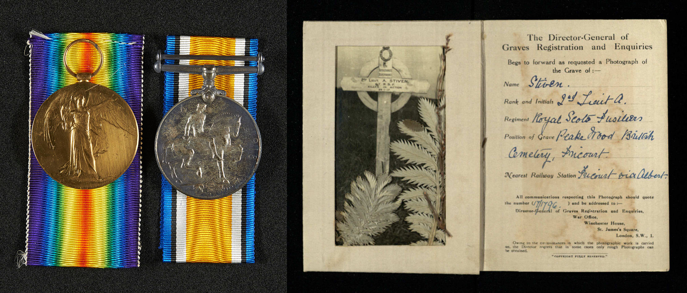 Posthumously awarded medals and Albert's gravestone in France.